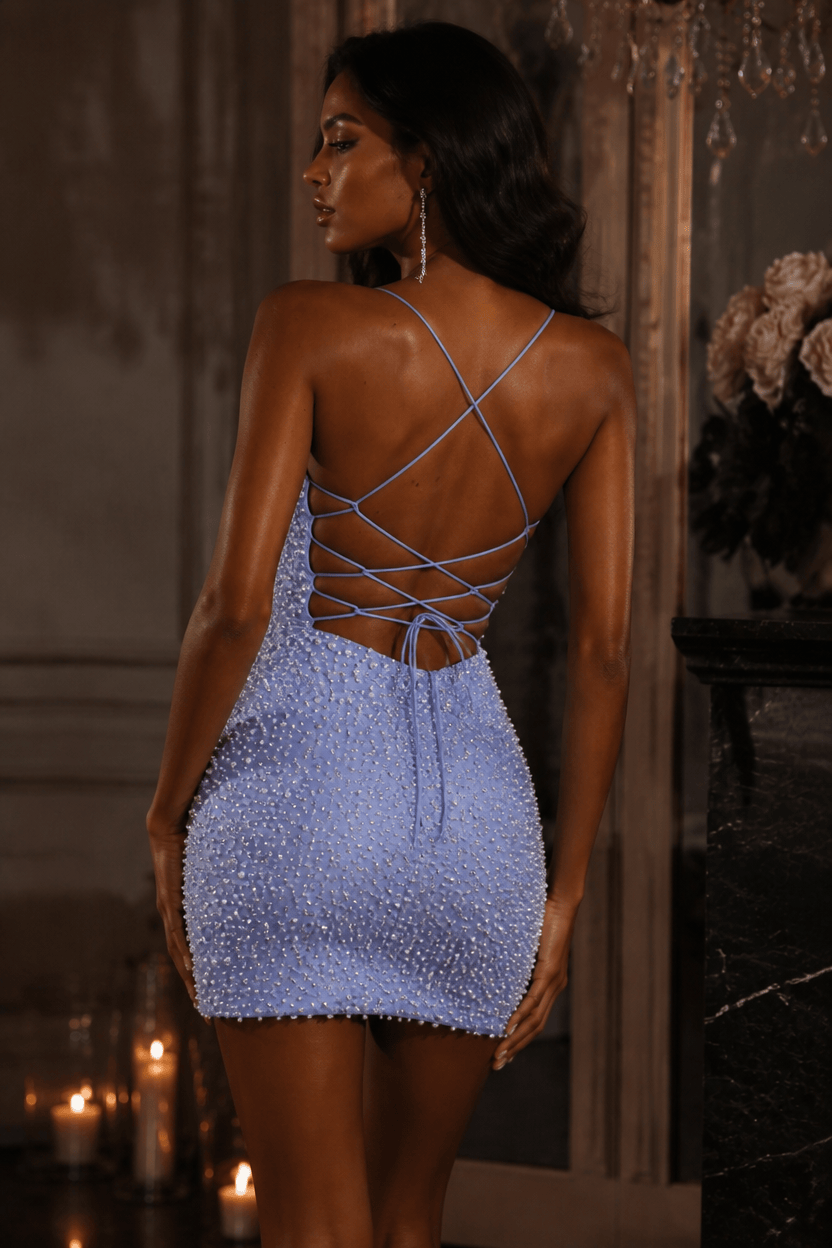 Periwinkle Blue Pearl Beaded Deep V Lace-Up Back Mini Homecoming Dress - Back View