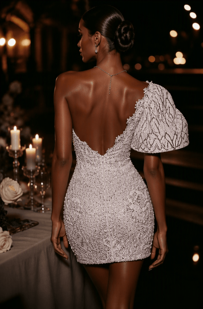 White Crystal Beaded One-Shoulder Cape Sleeve Mini Homecoming Dress - Back View