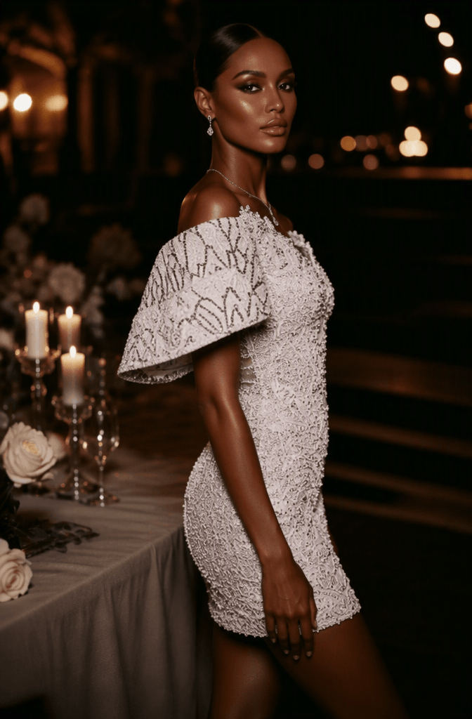 White Crystal Beaded One-Shoulder Cape Sleeve Mini Homecoming Dress - Side View