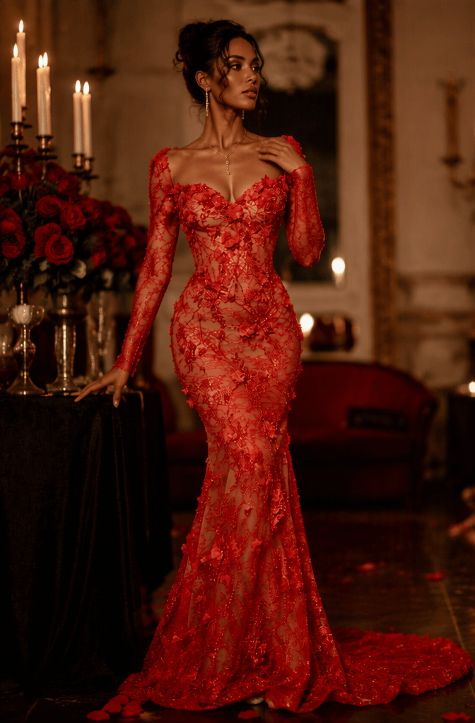 Red Sequin Beaded Mermaid Prom Dress with 3D Floral Details