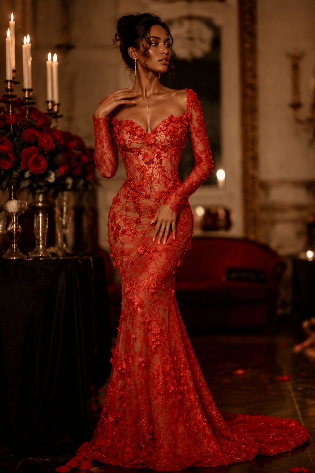 Red Sequin Beaded Mermaid Prom Dress with 3D Floral Details