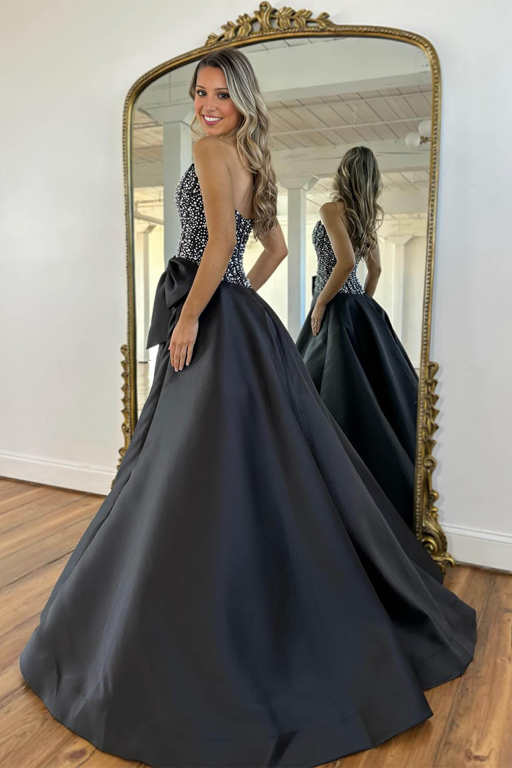 Beading Strapless Prom Gown with Bow
