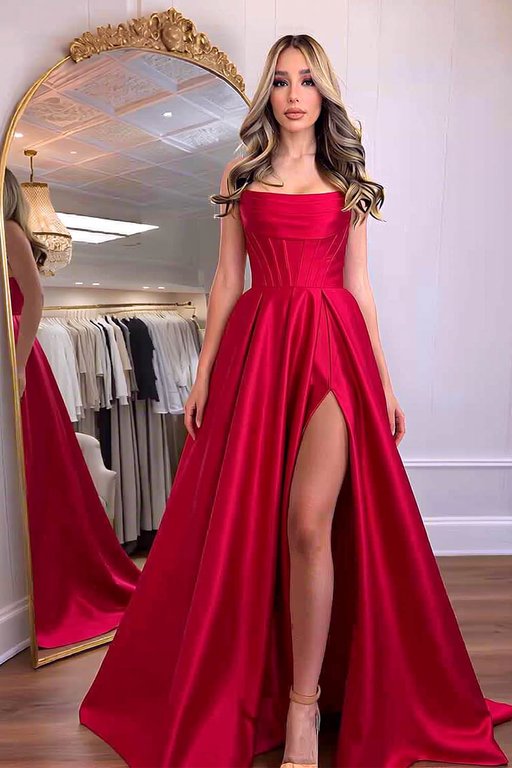 Strapless Corset Prom Dress with High Slit
