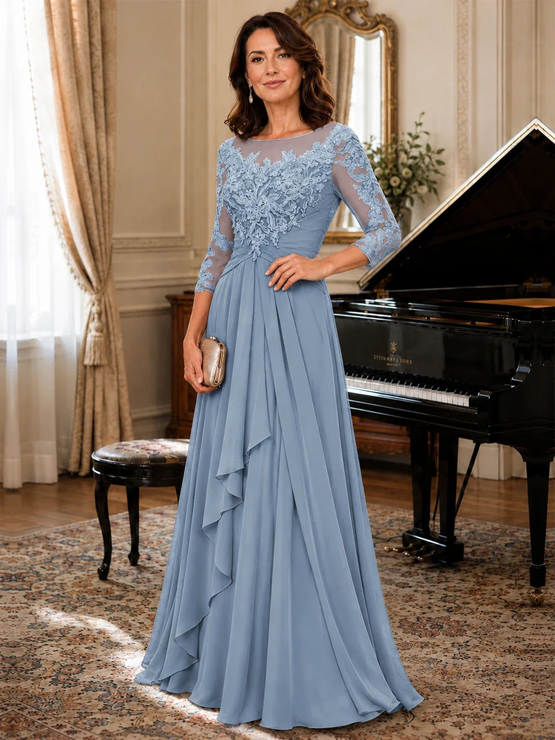 A-Line Chiffon Mother of the Bride Dress with Floral Applique 3/4 Sleeves