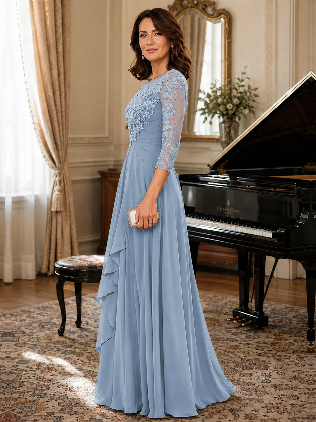 A-Line Chiffon Mother of the Bride Dress with Floral Applique 3/4 Sleeves