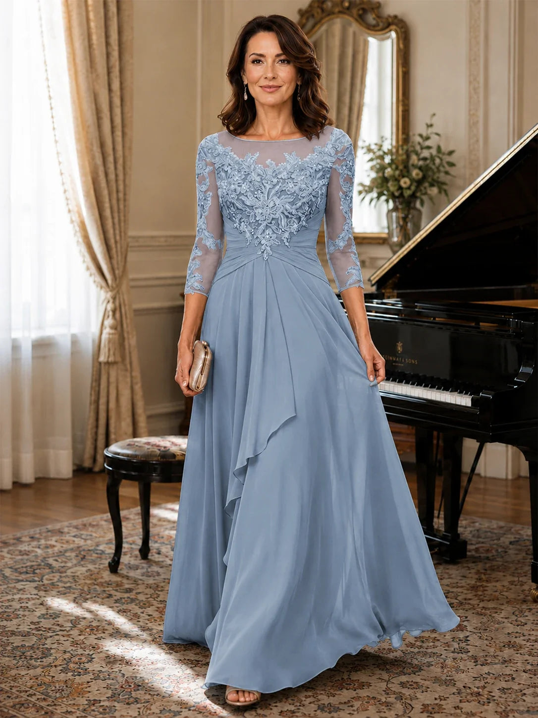 A-Line Chiffon Mother of the Bride Dress with Floral Applique 3/4 Sleeves