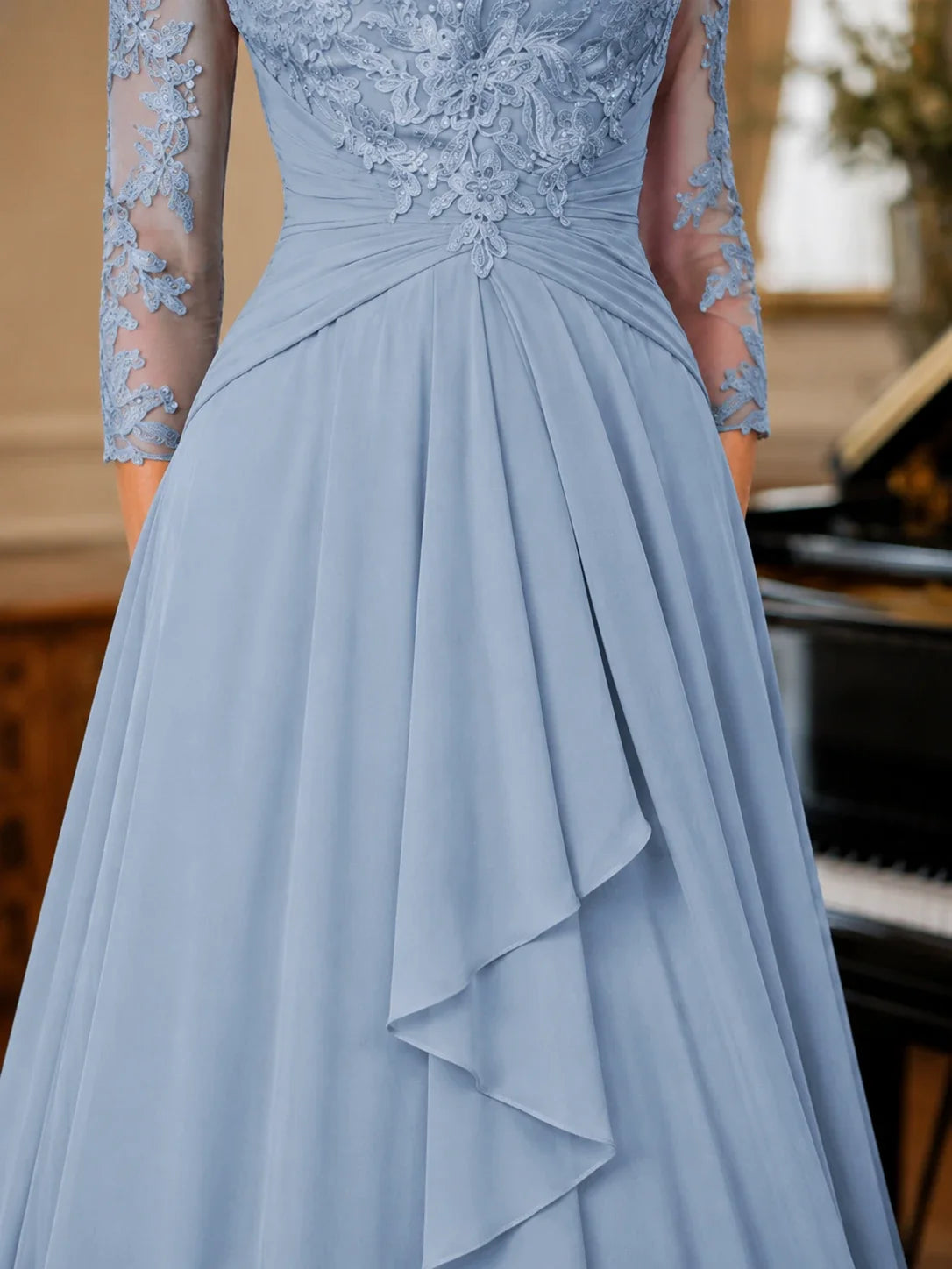 A-Line Chiffon Mother of the Bride Dress with Floral Applique 3/4 Sleeves