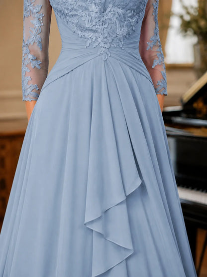 A-Line Chiffon Mother of the Bride Dress with Floral Applique 3/4 Sleeves