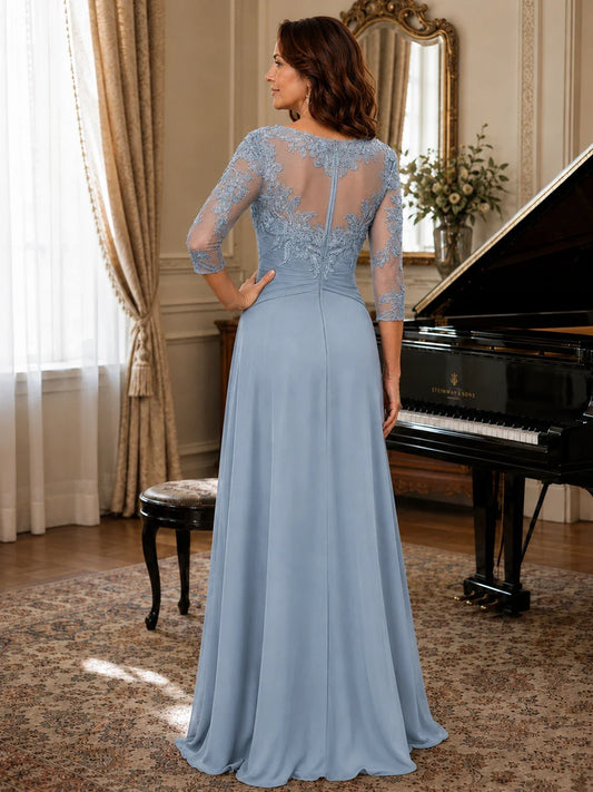 A-Line Chiffon Mother of the Bride Dress with Floral Applique 3/4 Sleeves
