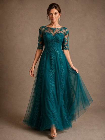 A-Line Chiffon Mother of the Bride Dress with Lace Sleeves