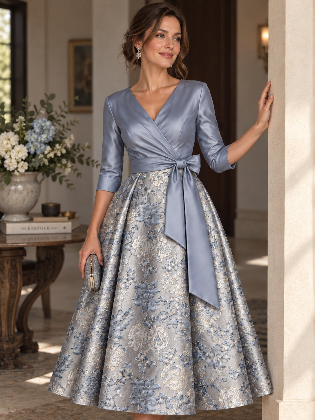 Dusty Blue Floral Jacquard Mother of the Bride Midi Dress