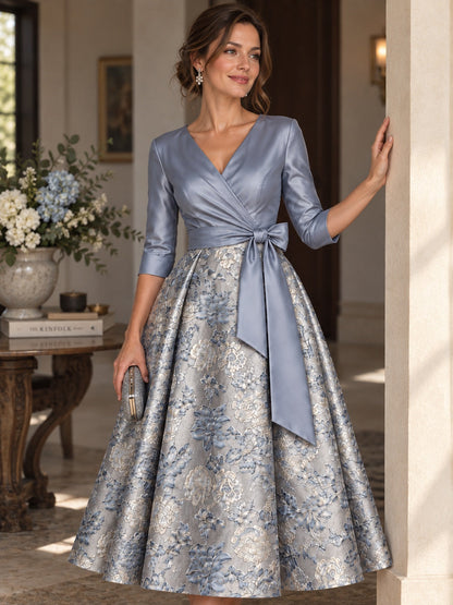 Dusty Blue Floral Jacquard Mother of the Bride Midi Dress