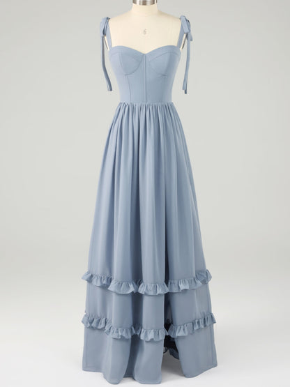 Dusty Blue Spaghetti Strap Maxi Dress with Ruffles