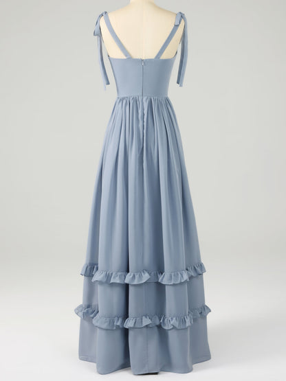 Dusty Blue Spaghetti Strap Maxi Dress with Ruffles