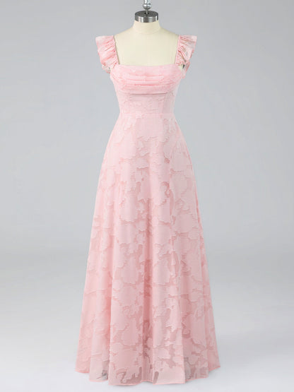 Pink Jacquard Square Neck A-Line Maxi Dress