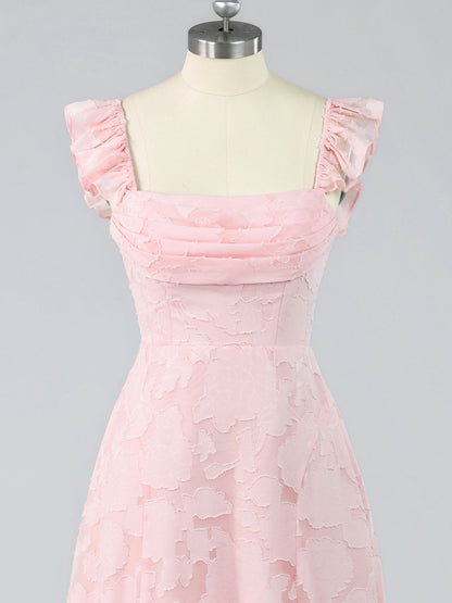 Pink Jacquard Square Neck A-Line Maxi Dress