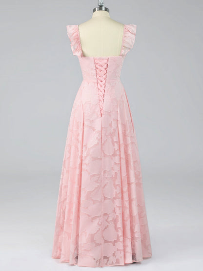 Pink Jacquard Square Neck A-Line Maxi Dress