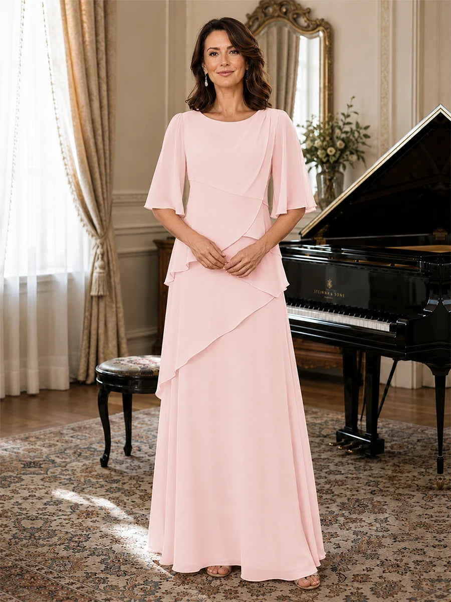Asymmetric Draped Chiffon Mother of the Bride Dress with Flutter Sleeves