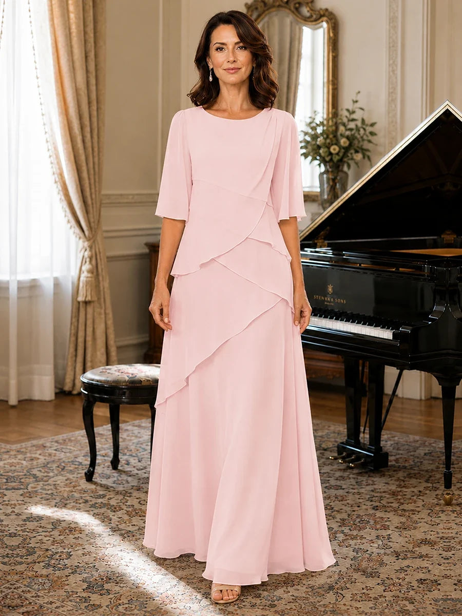 Asymmetric Draped Chiffon Mother of the Bride Dress with Flutter Sleeves