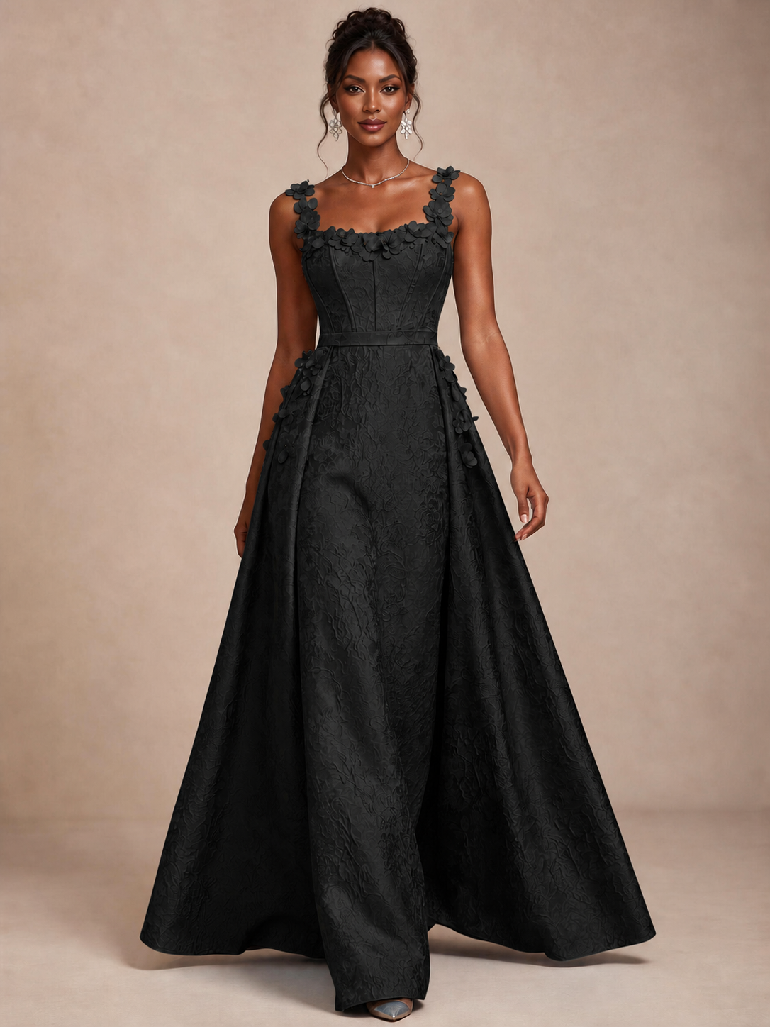 Light Blue 3D Floral Jacquard Prom Dress with Detachable Overskirt Corset Gown