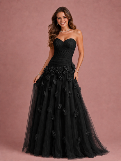 Blush Pink Strapless Sweetheart 3D Floral Tulle Ball Gown Prom Dres