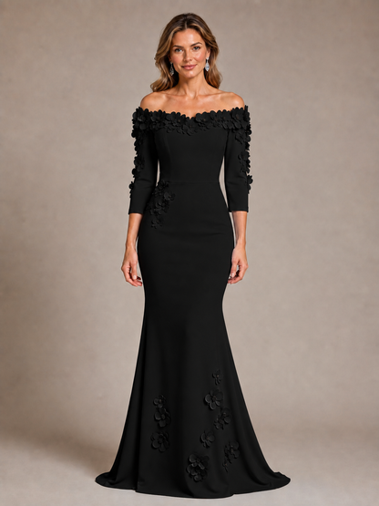 Light Blue 3D Floral Applique Off-the-Shoulder Mother of the Bride Dress