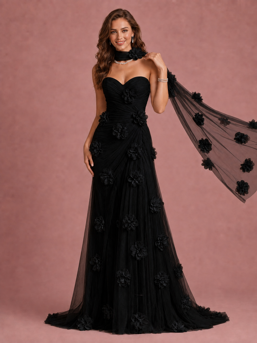 Blush Pink Strapless Sweetheart 3D Floral Tulle Mermaid Prom Dress