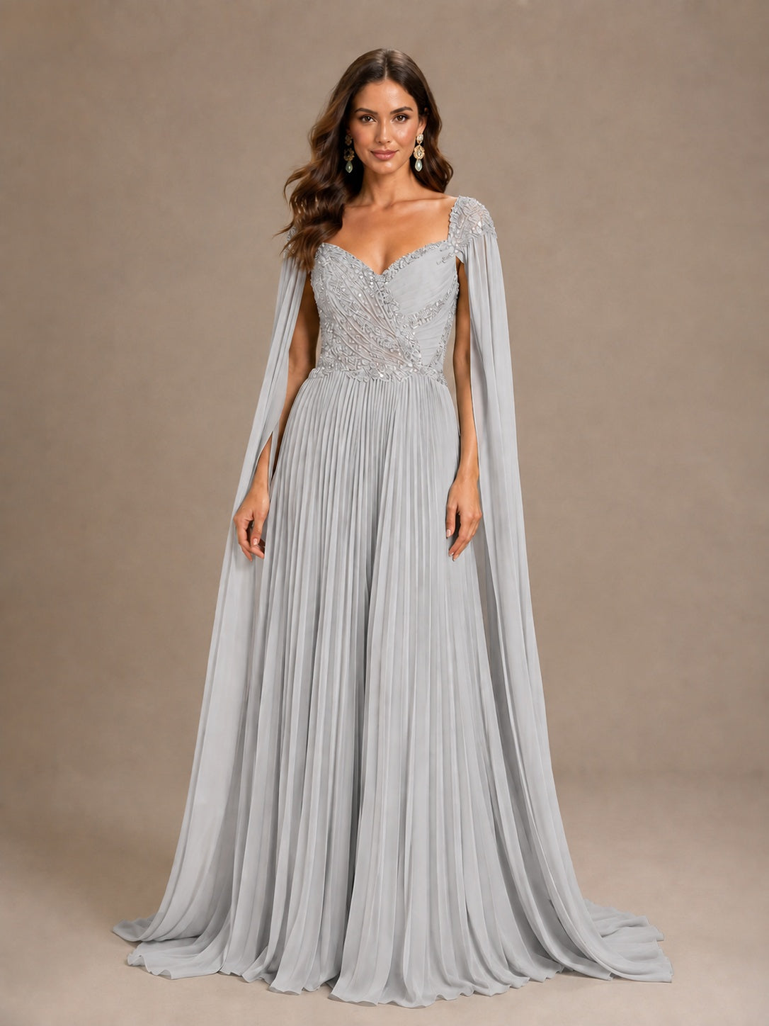 Sage Green Beaded Cape Sleeve Mother of the Bride Dress