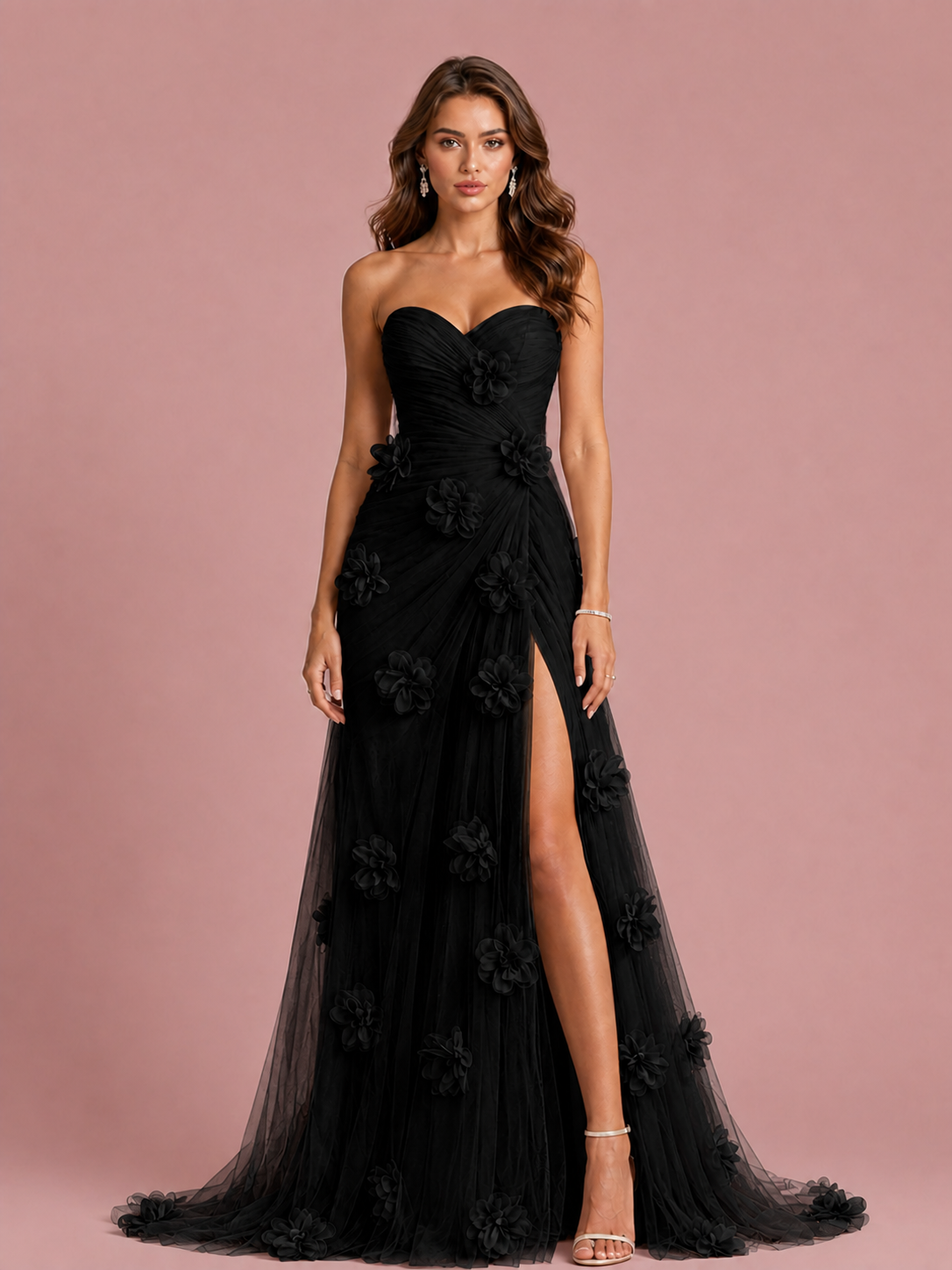 Pink 3D Floral Applique Strapless Tulle Prom Dress with High Slit