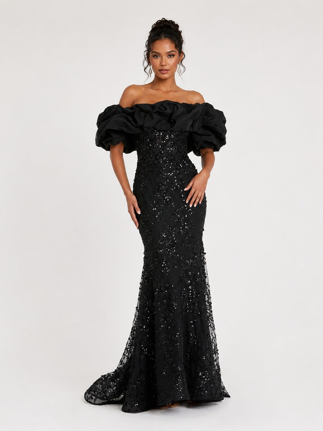 Black Sequin Off-Shoulder Ruffle Mermaid Prom Dress