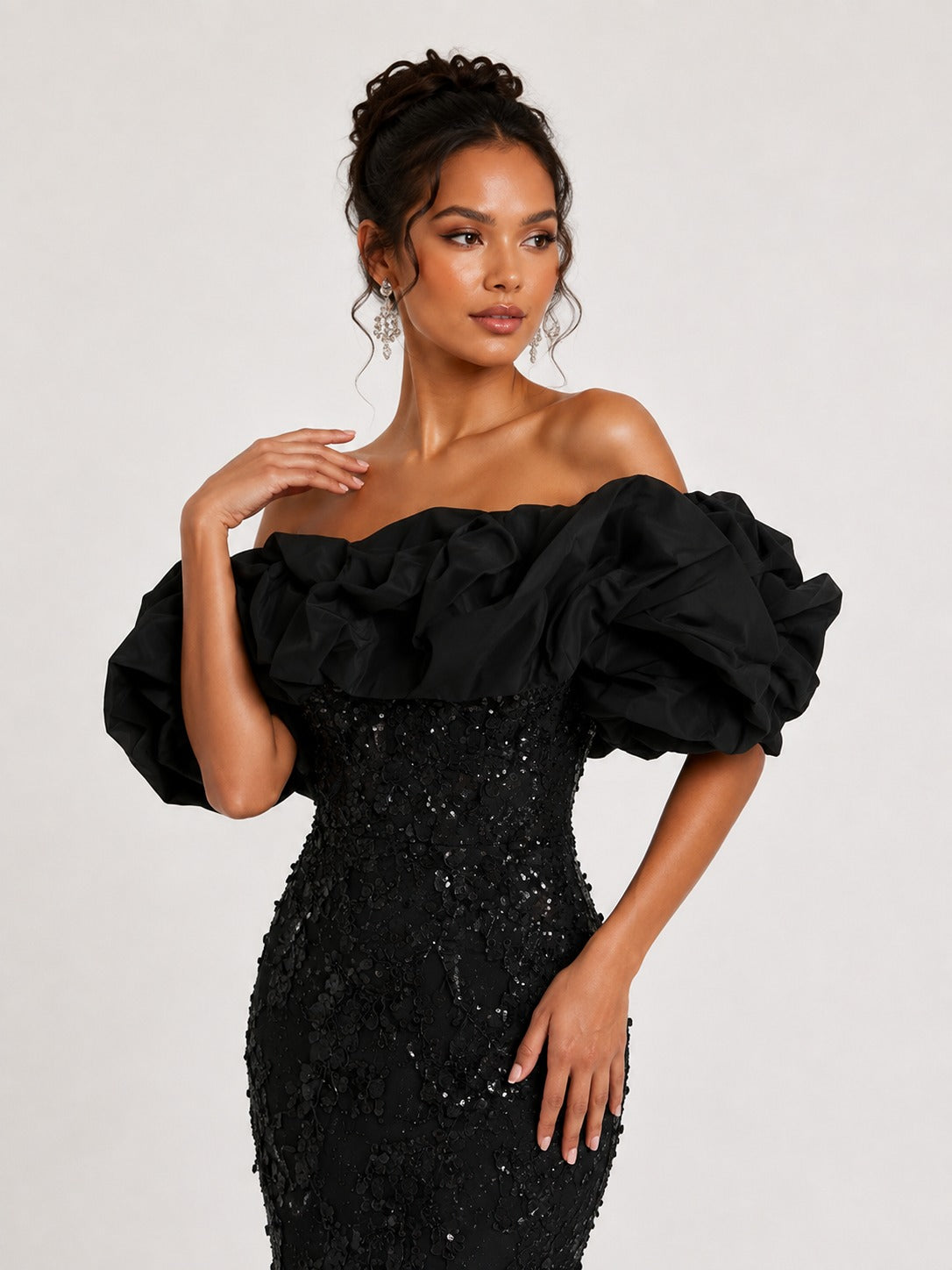Black Sequin Off-Shoulder Ruffle Mermaid Prom Dress