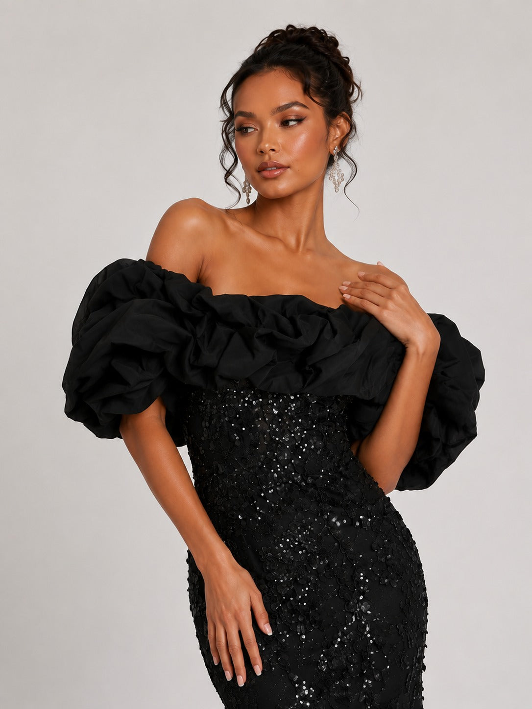 Black Sequin Off-Shoulder Ruffle Mermaid Prom Dress