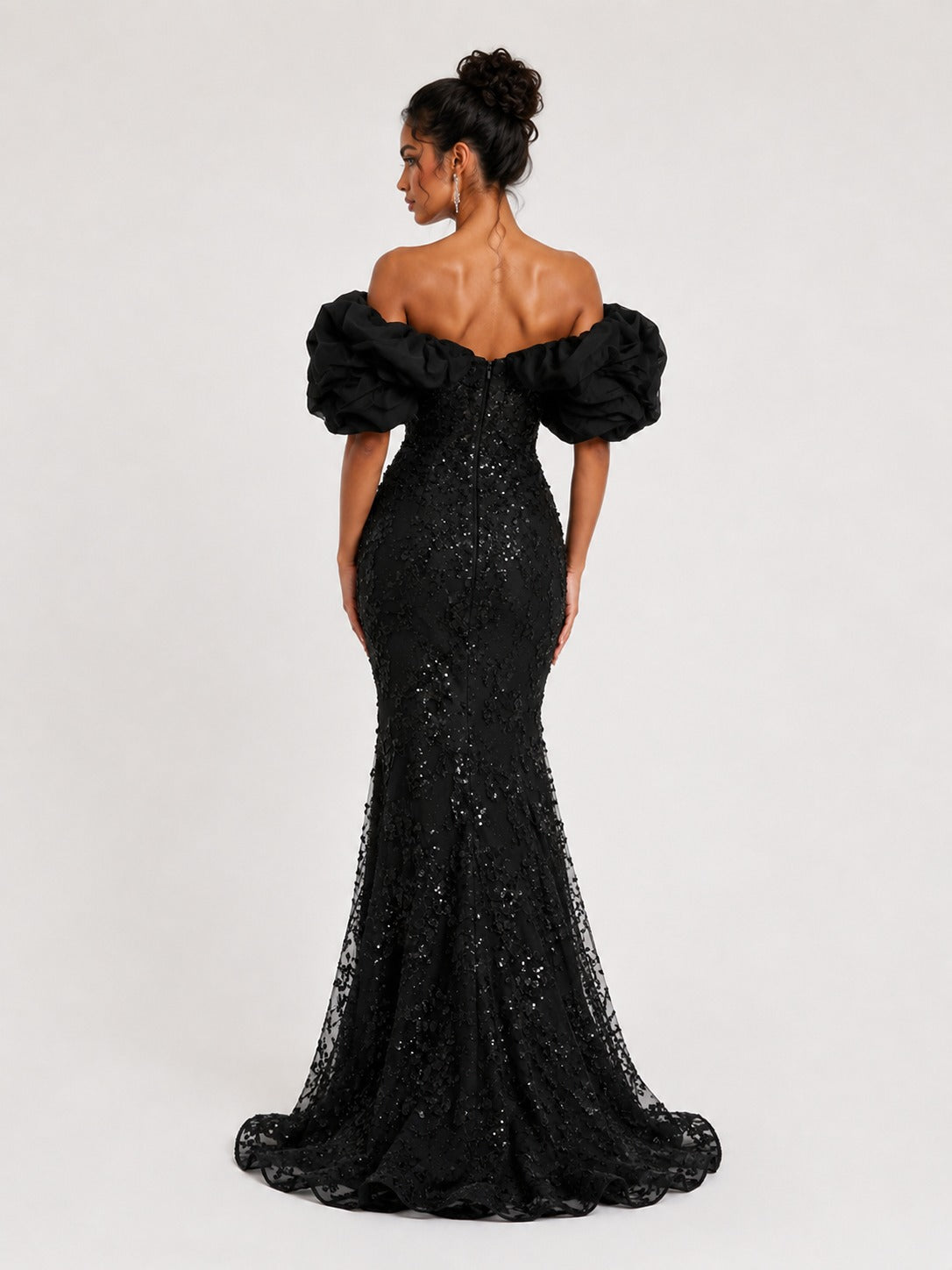 Black Sequin Off-Shoulder Ruffle Mermaid Prom Dress