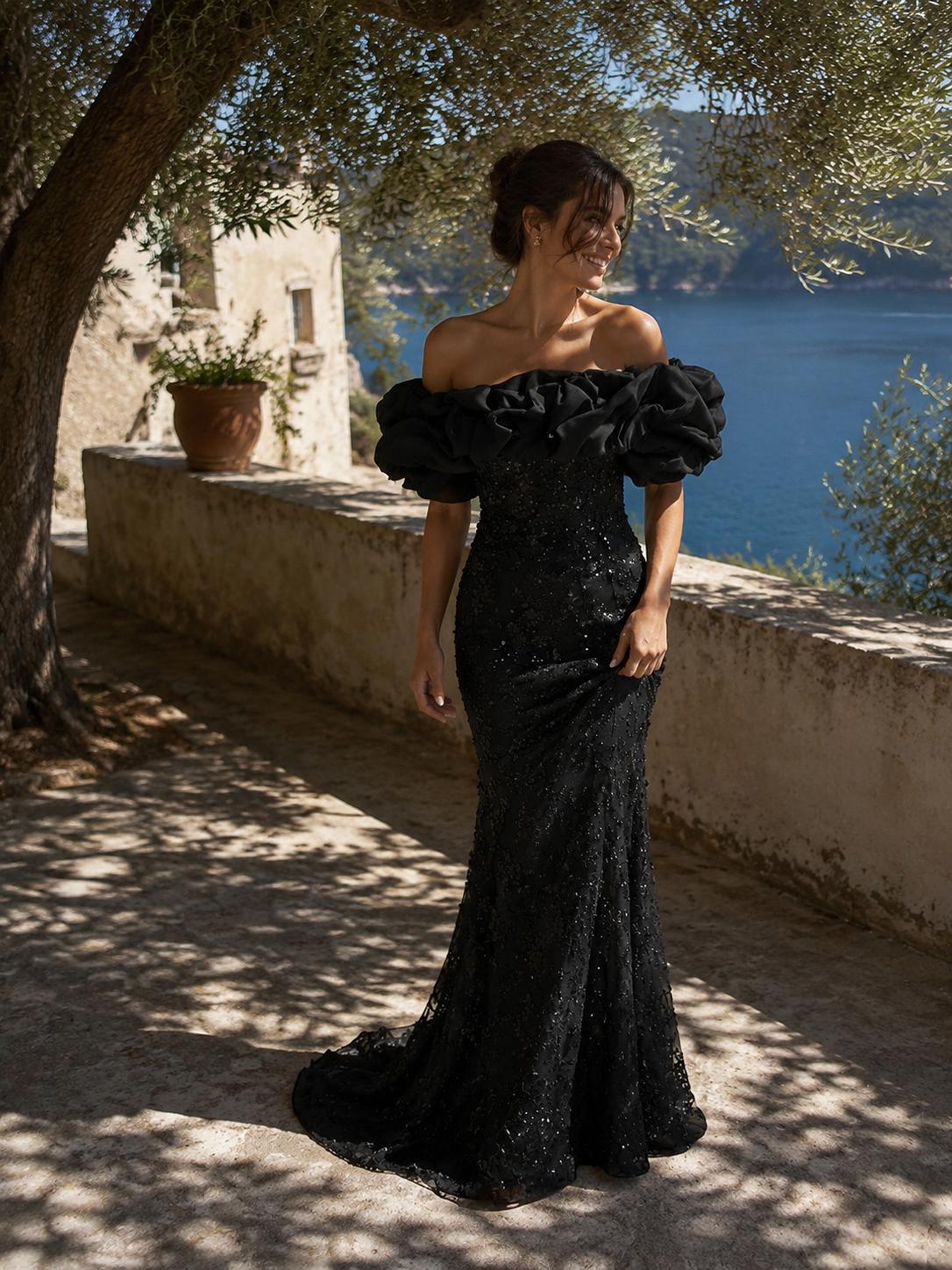 Black Sequin Off-Shoulder Ruffle Mermaid Prom Dress