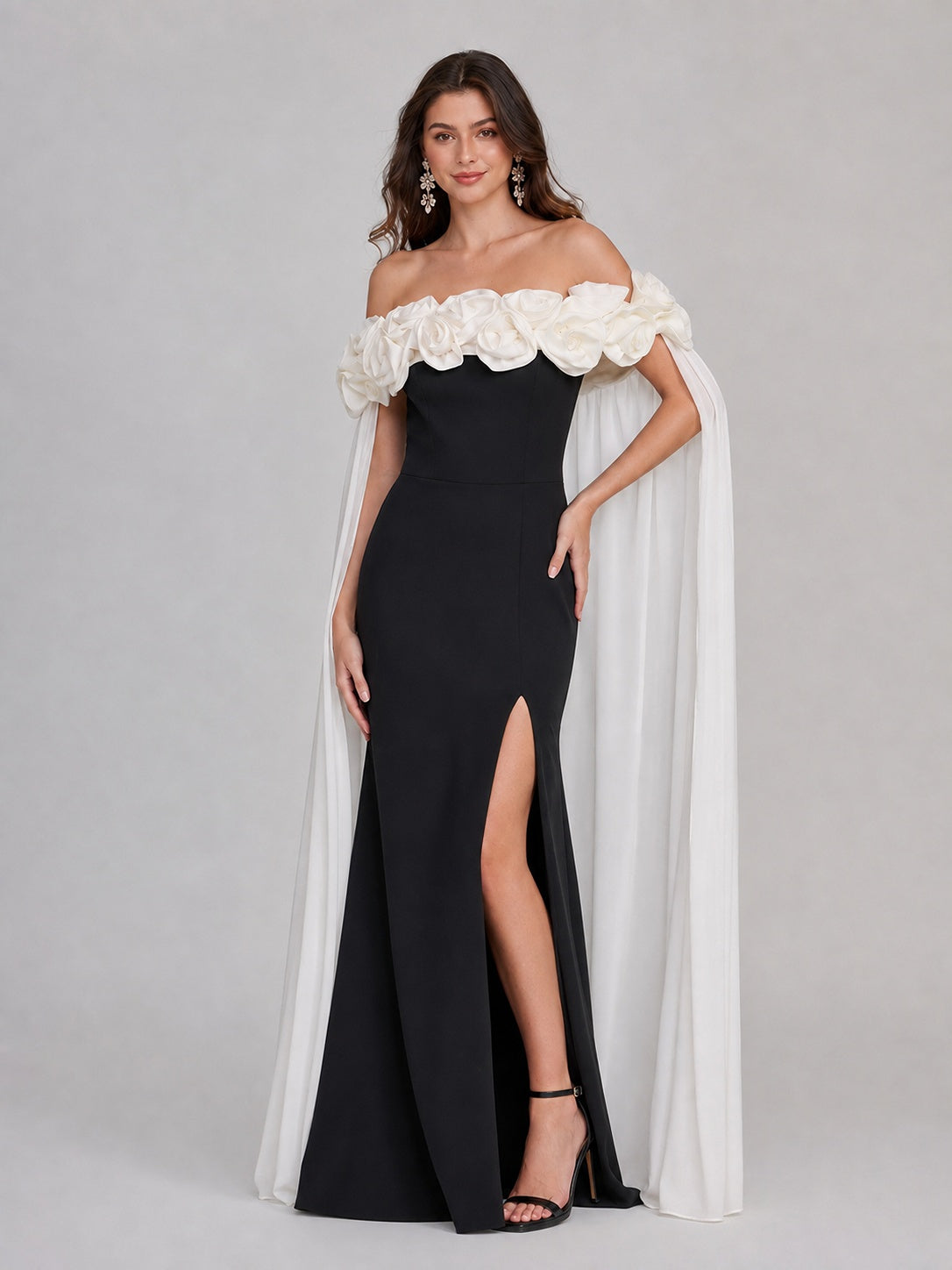 Black & White 3D Floral Off-Shoulder Cape Prom Dress