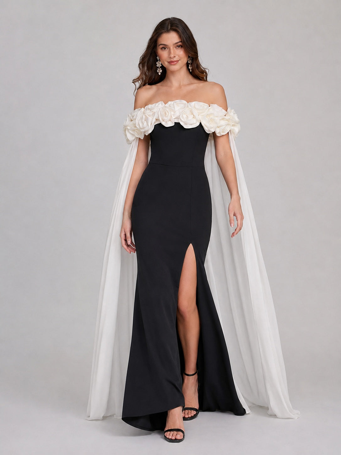 Black & White 3D Floral Off-Shoulder Cape Prom Dress