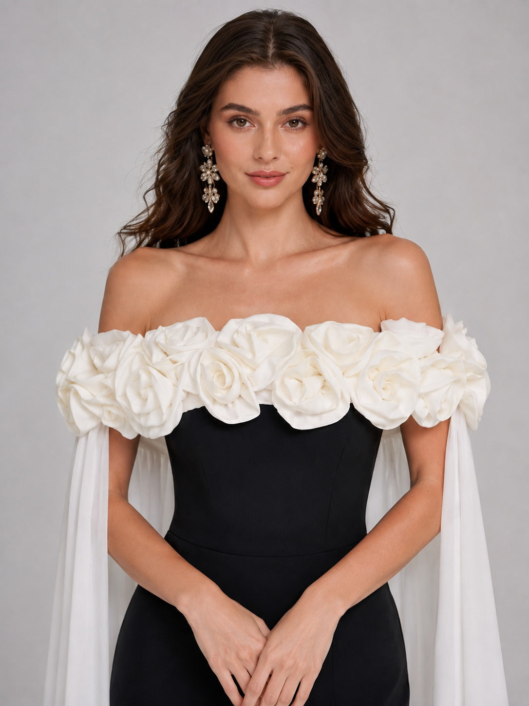 Black & White 3D Floral Off-Shoulder Cape Prom Dress