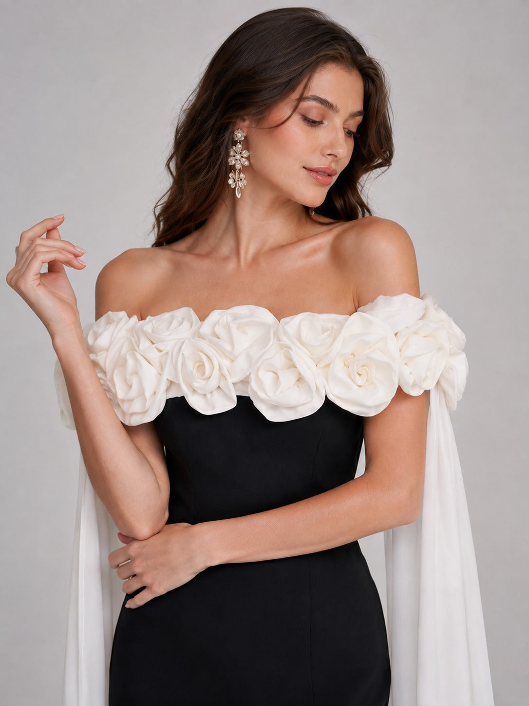 Black & White 3D Floral Off-Shoulder Cape Prom Dress