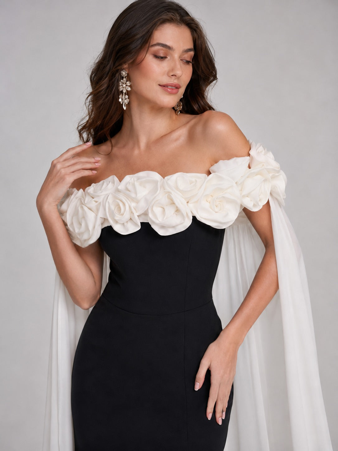 Black & White 3D Floral Off-Shoulder Cape Prom Dress