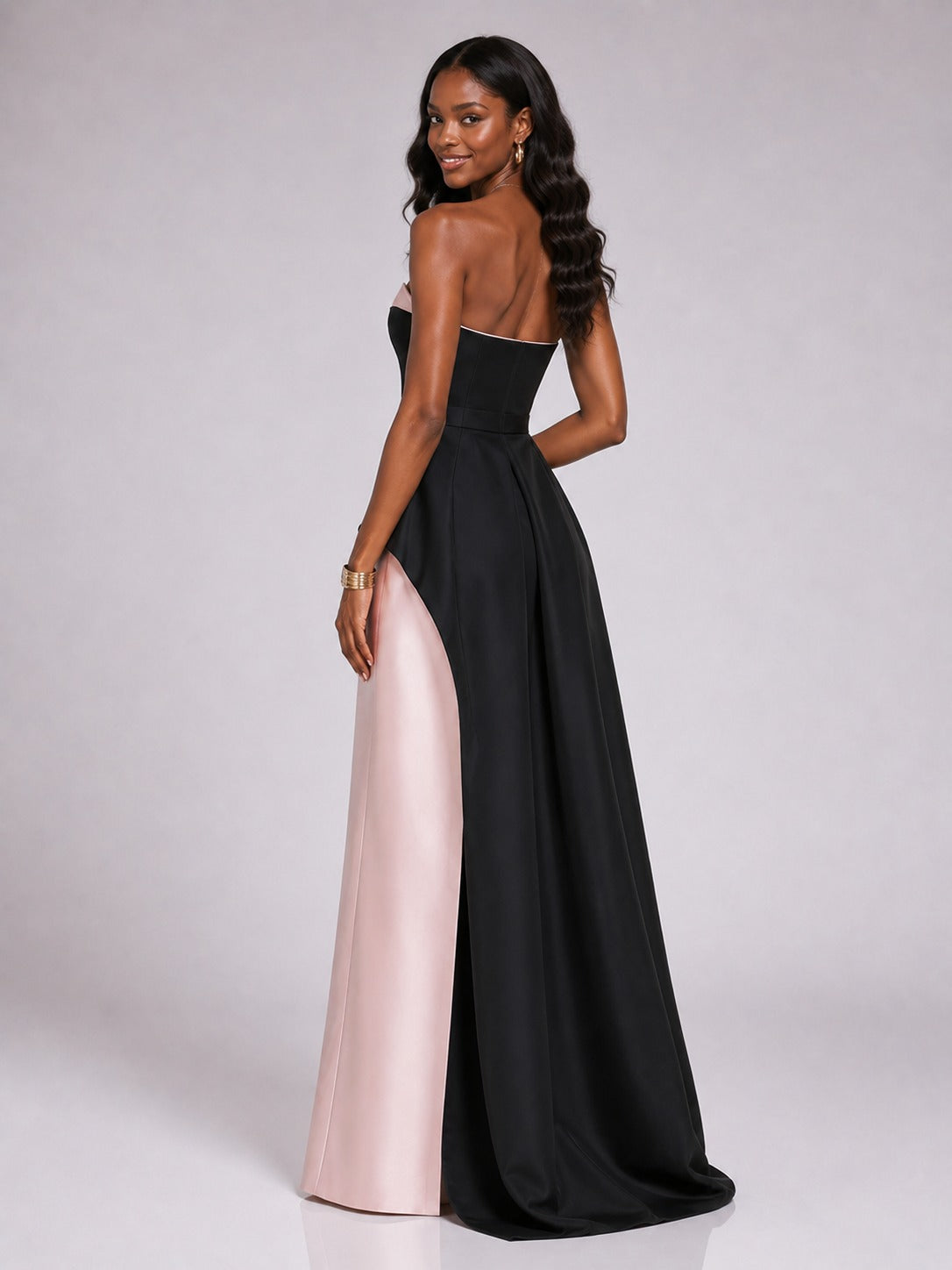 Black & Blush Strapless Satin Evening Gown with Draped Overskirt