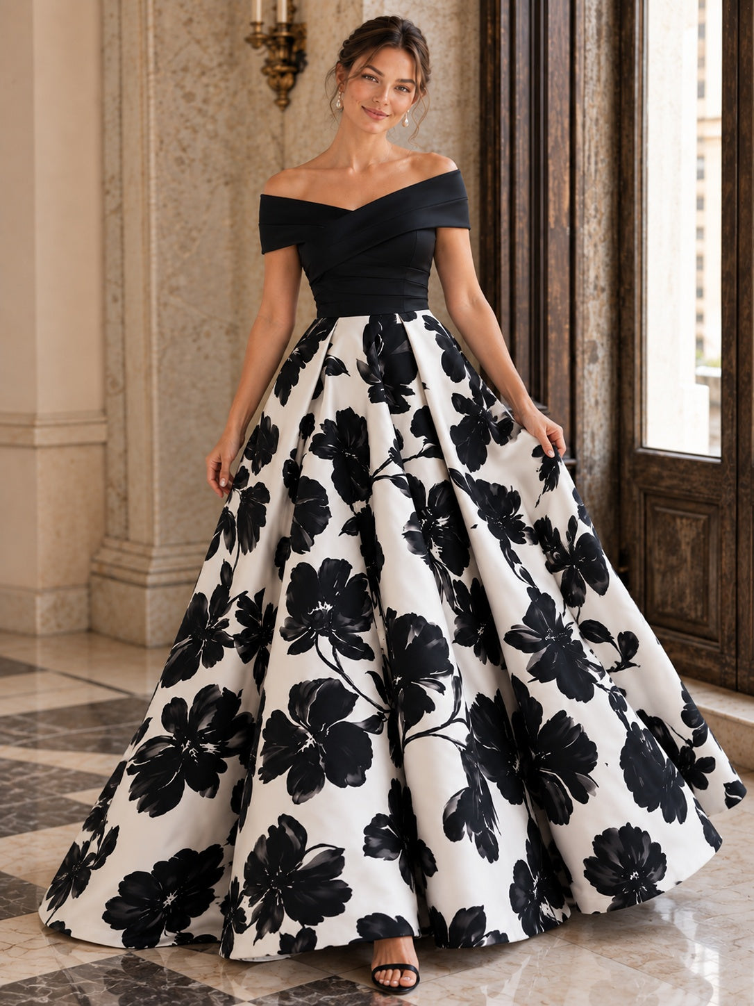 Black & White Floral Off-the-Shoulder A-Line Evening Gown