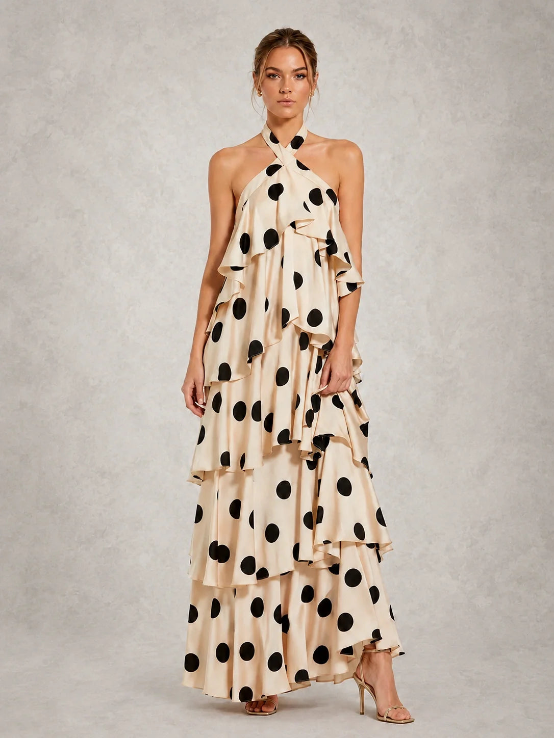 Black and Ivory Polka Dot Halter Ruffle Dress