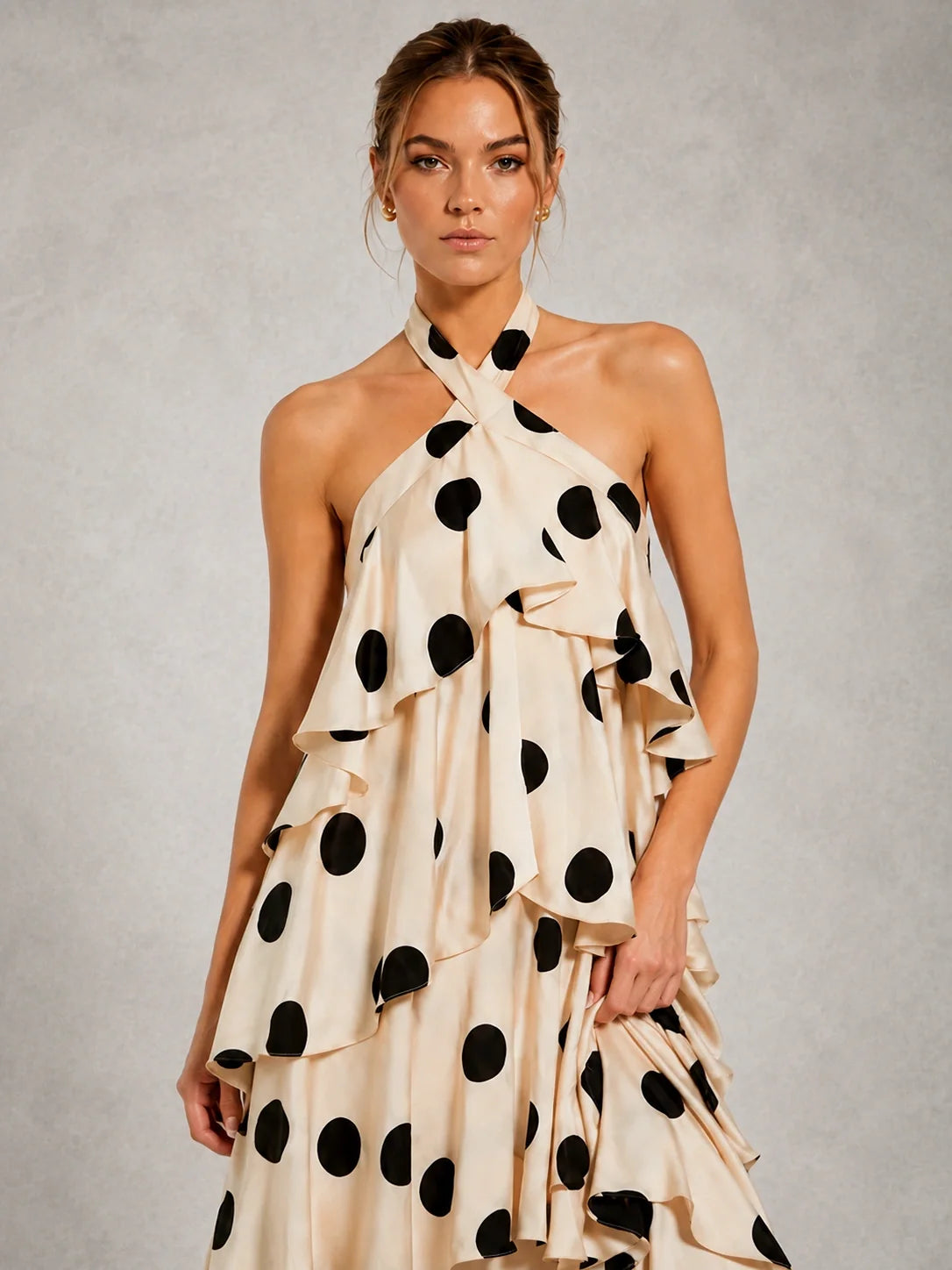 Black and Ivory Polka Dot Halter Ruffle Dress