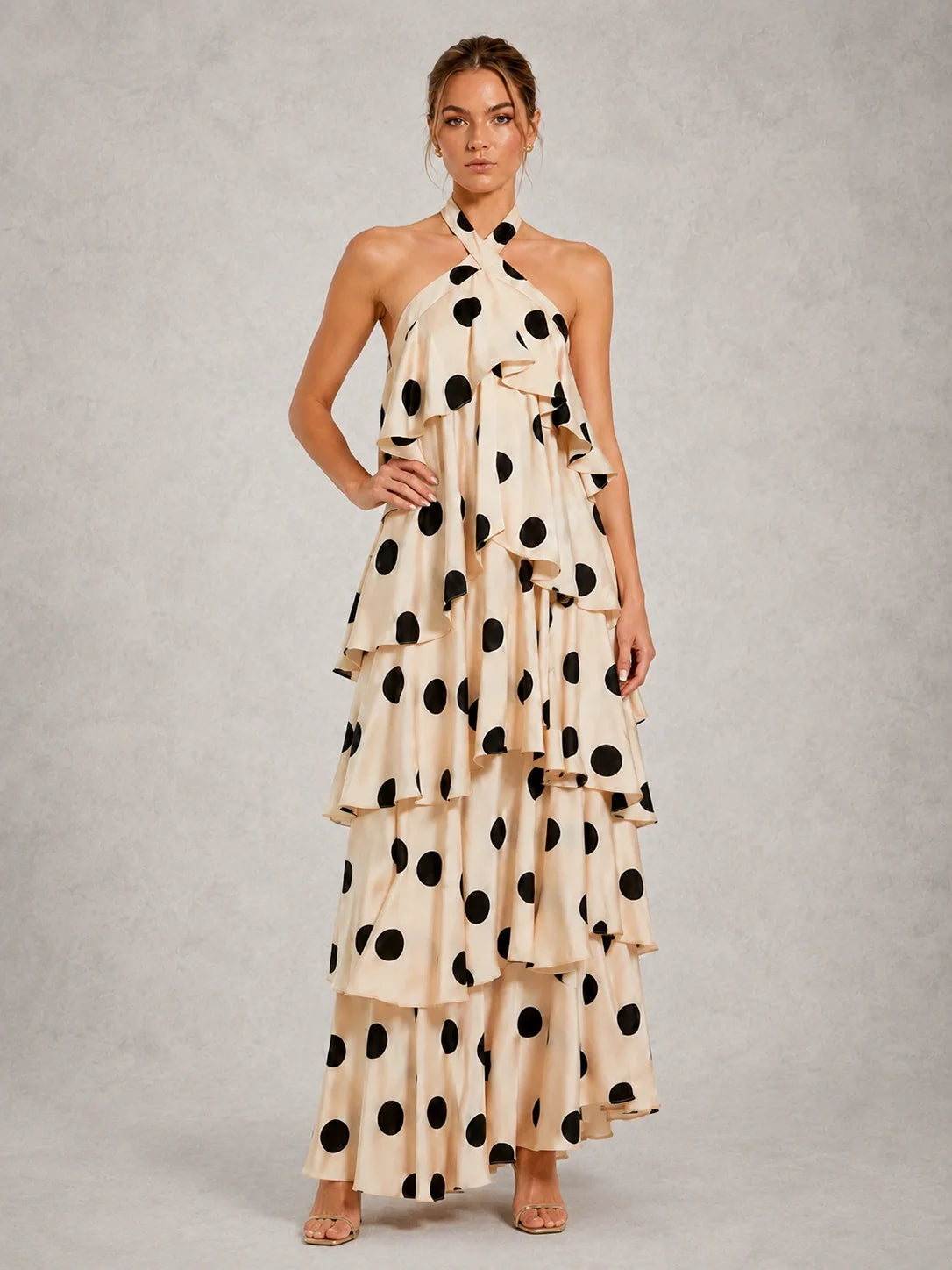 Black and Ivory Polka Dot Halter Ruffle Dress