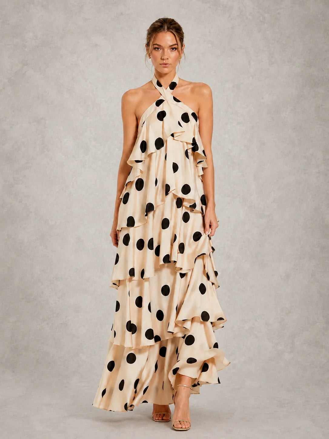 Black and Ivory Polka Dot Halter Ruffle Dress