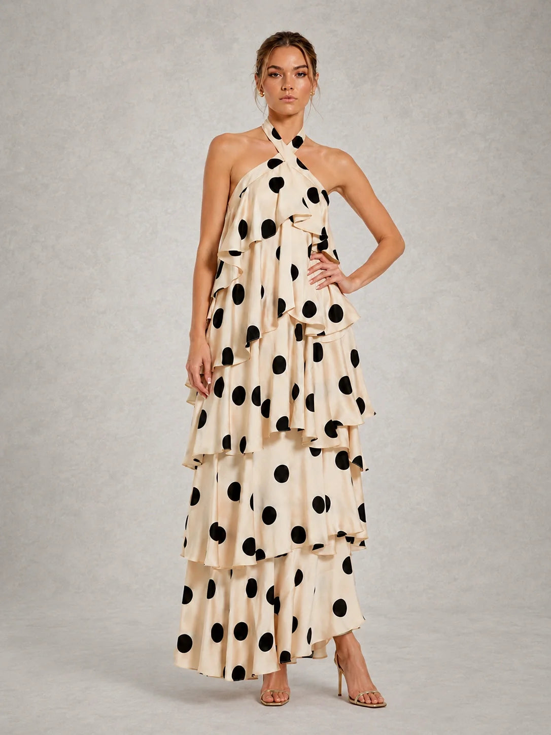 Black and Ivory Polka Dot Halter Ruffle Dress