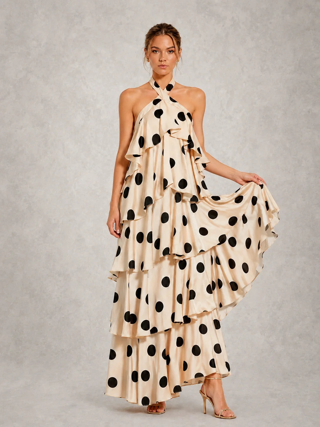 Black and Ivory Polka Dot Halter Ruffle Dress
