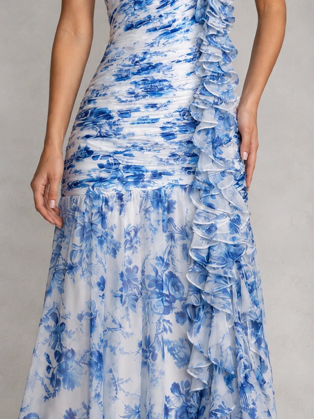 Blue Floral One Shoulder Ruffle Maxi Dress