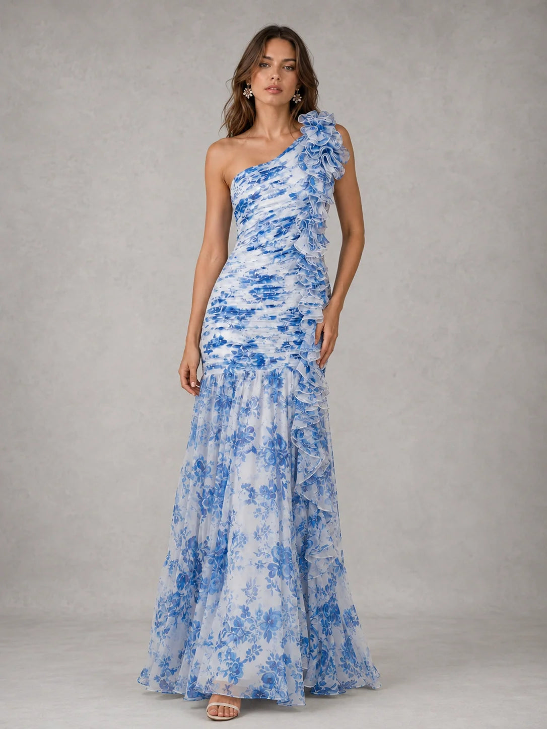 Blue Floral One Shoulder Ruffle Maxi Dress