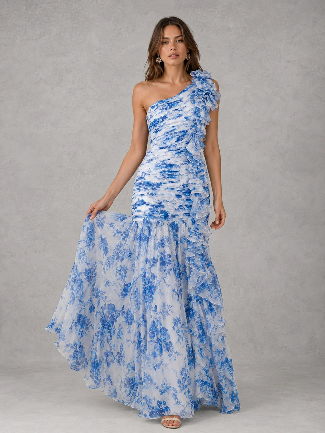 Blue Floral One Shoulder Ruffle Maxi Dress